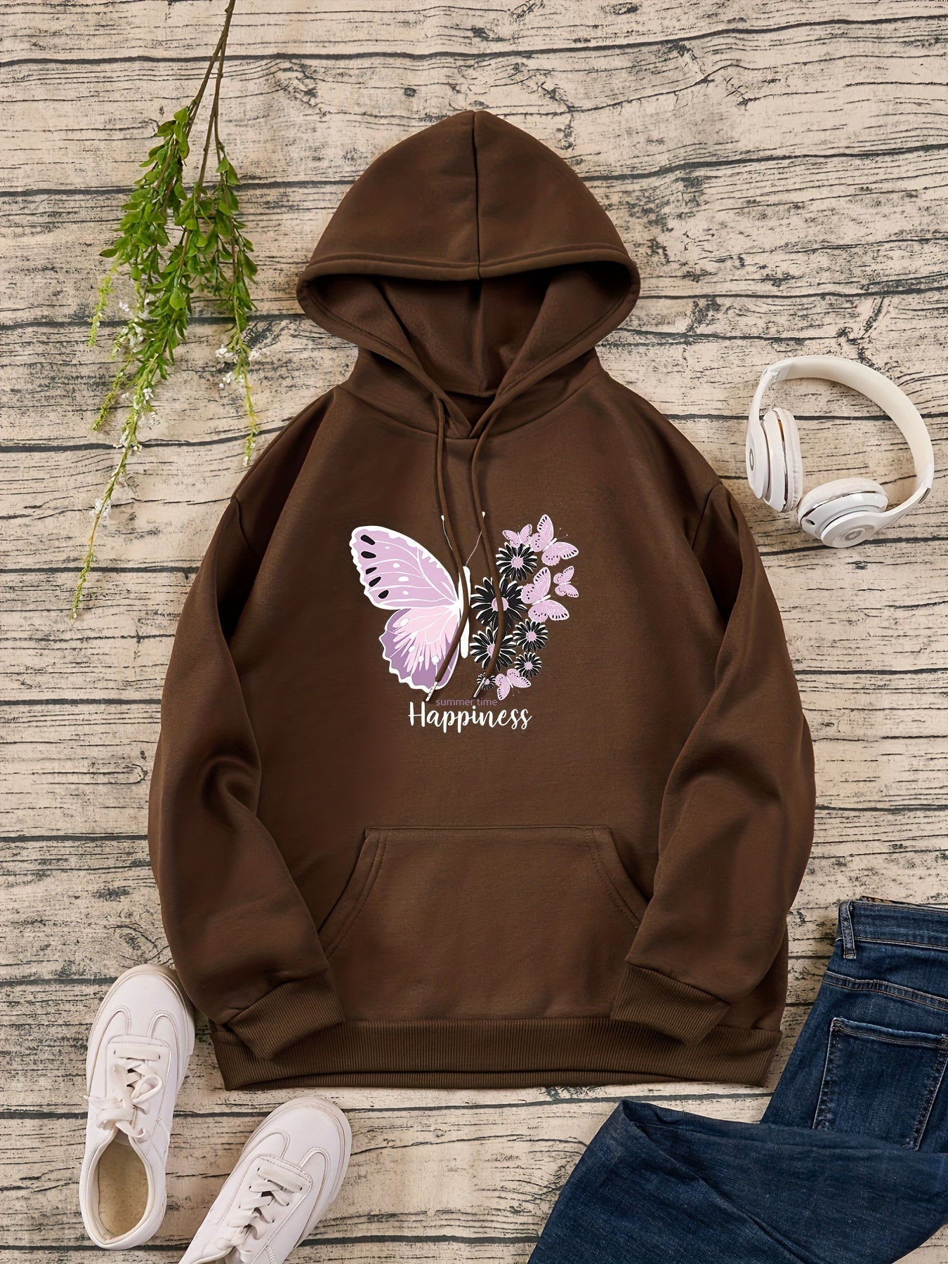 Butterfly & Flower Print Hoodie Casual Sweatshirt