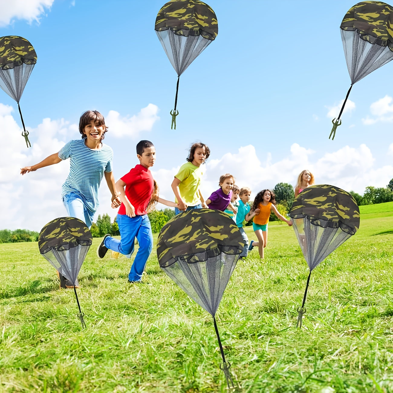 Green Toy Soldiers Action Fig Parachute Jump Outdoor Play