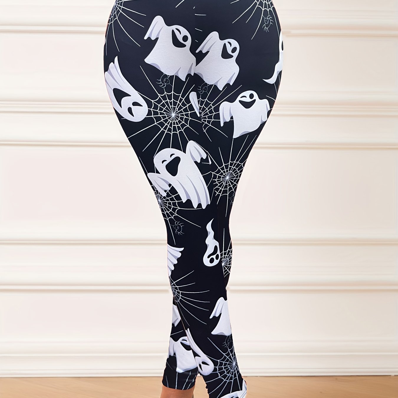 Halloween Leggings Women's Plus Ghost & Spider Web Print Leggings