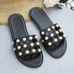 Pearl Decor Slides Hollow Out Sandals Summer Flat Shoes