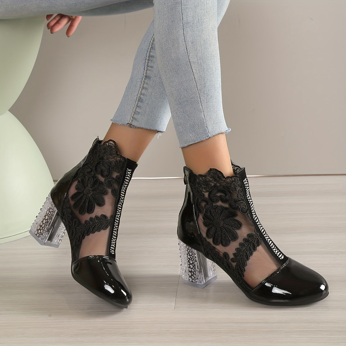 Floral Mesh High Heels Round Toe Chunky Heels Patent Leather Pumps