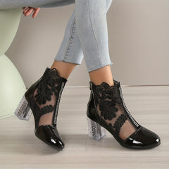 Floral Mesh High Heels Round Toe Chunky Heels Patent Leather Pumps