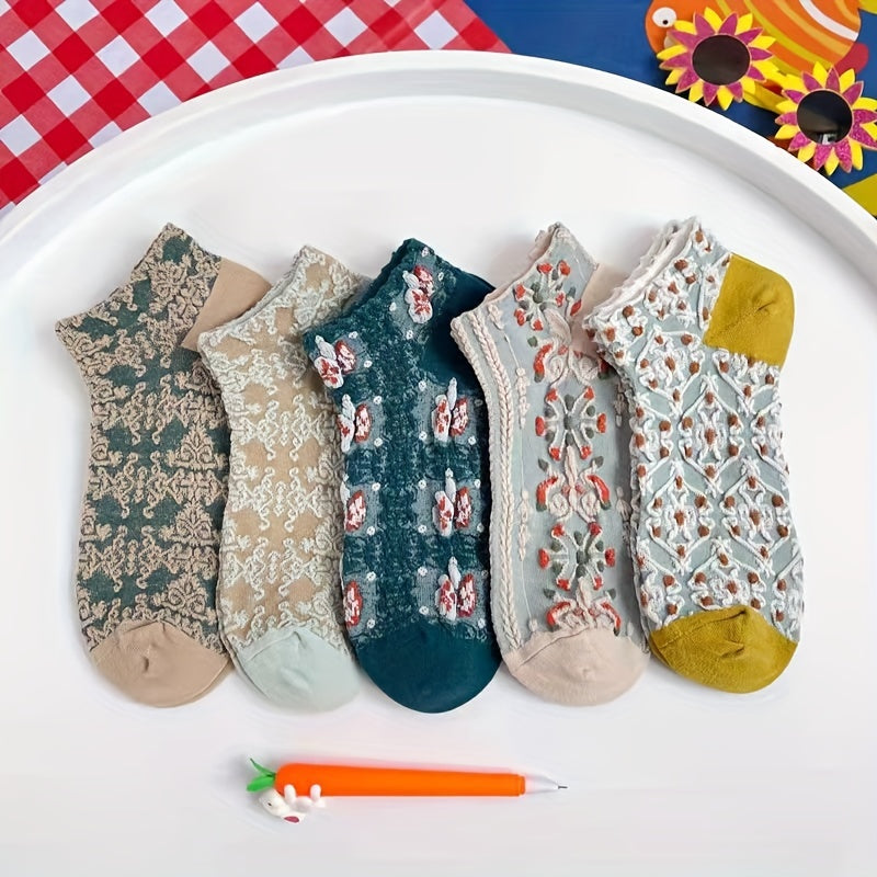 5 Pairs Vintage Floral Textured Short Socks Women's Stockings