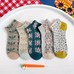 5 Pairs Vintage Floral Textured Short Socks Women's Stockings