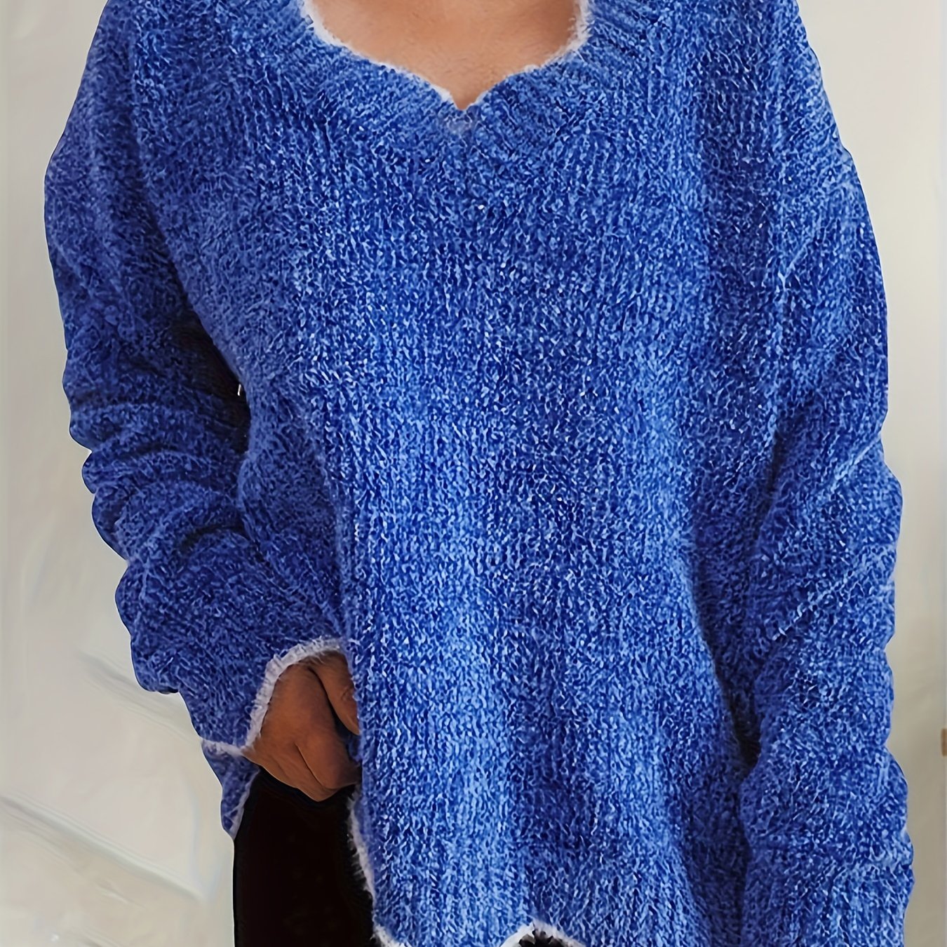 Casual Sweater Women's Plus Colorblock Floral Trim Long Sleeve V Neck
