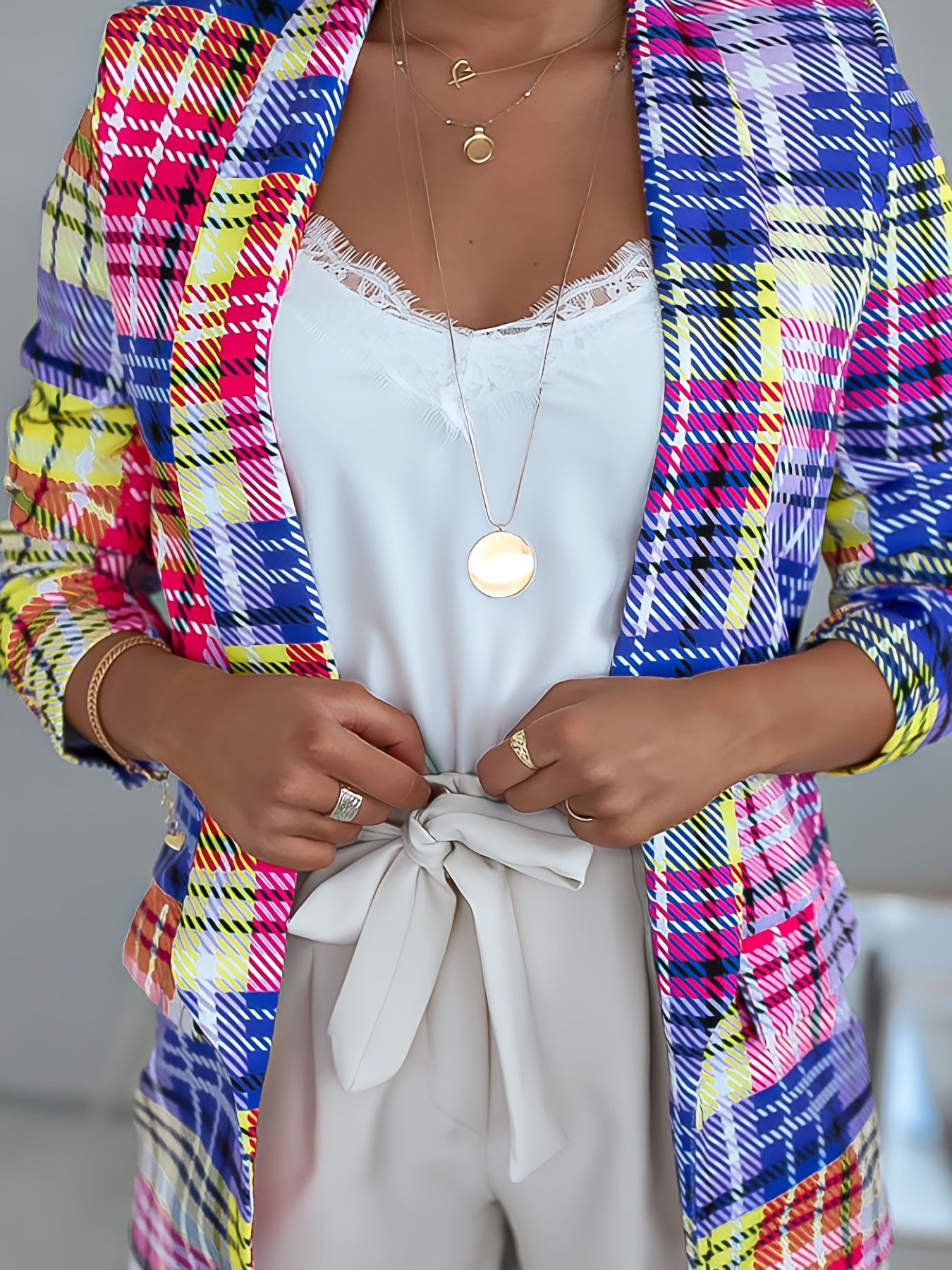 Casual Plaid Colorful Lapel Blazer Spring & Fall Women's Clothing