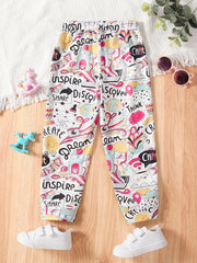 Girls Graffiti Cartoon Allover Sweatpants Elastic Waist Jogger Pants