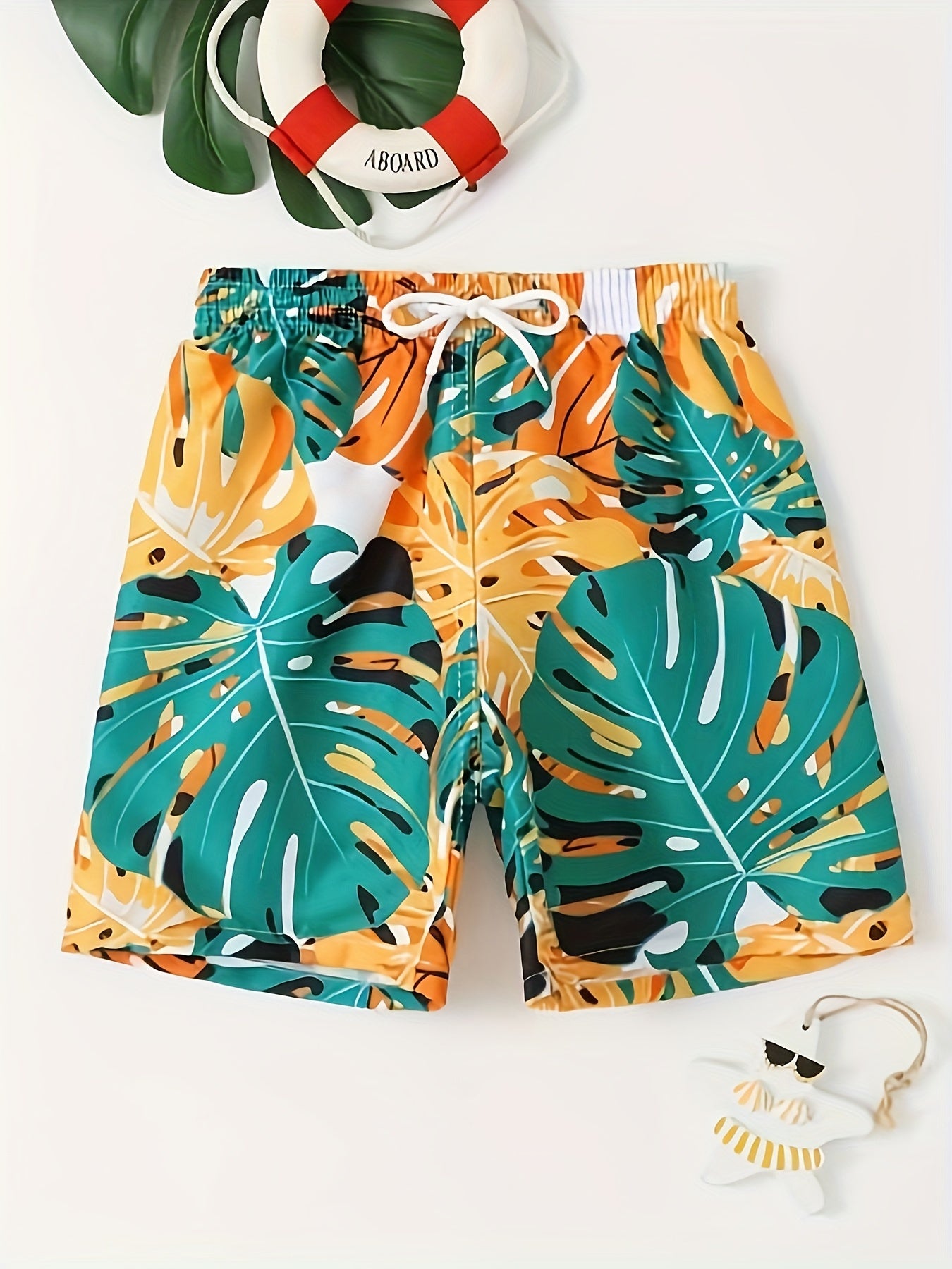 Tropical Plant Pattern Swim Trunks for Boys - Beach Shorts for Summer Vacation