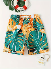 Tropical Plant Pattern Swim Trunks for Boys - Beach Shorts for Summer Vacation