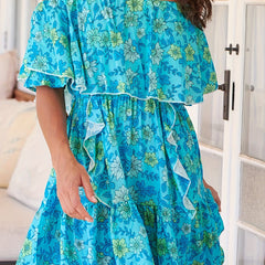 Boho Dress Women's Plus Floral Print Ruffle Trim Off Shoulder A line Mini Dress