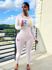 Colorful Letter Print Two piece Set Drawstring Hoodies & Pants