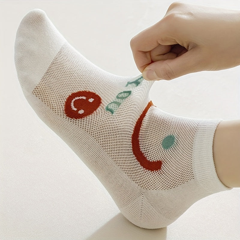 6 Pairs Smiling & Floral Print Women's Socks Sweet & Breathable Stockings