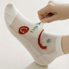 6 Pairs Smiling & Floral Print Women's Socks Sweet & Breathable Stockings