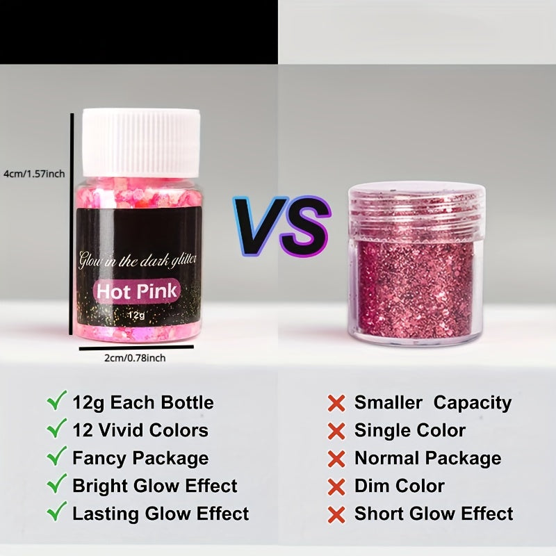 12 Colors Luminous Glitter 0.42oz Bottle High Luminance Cosmetic Chunky Glitter