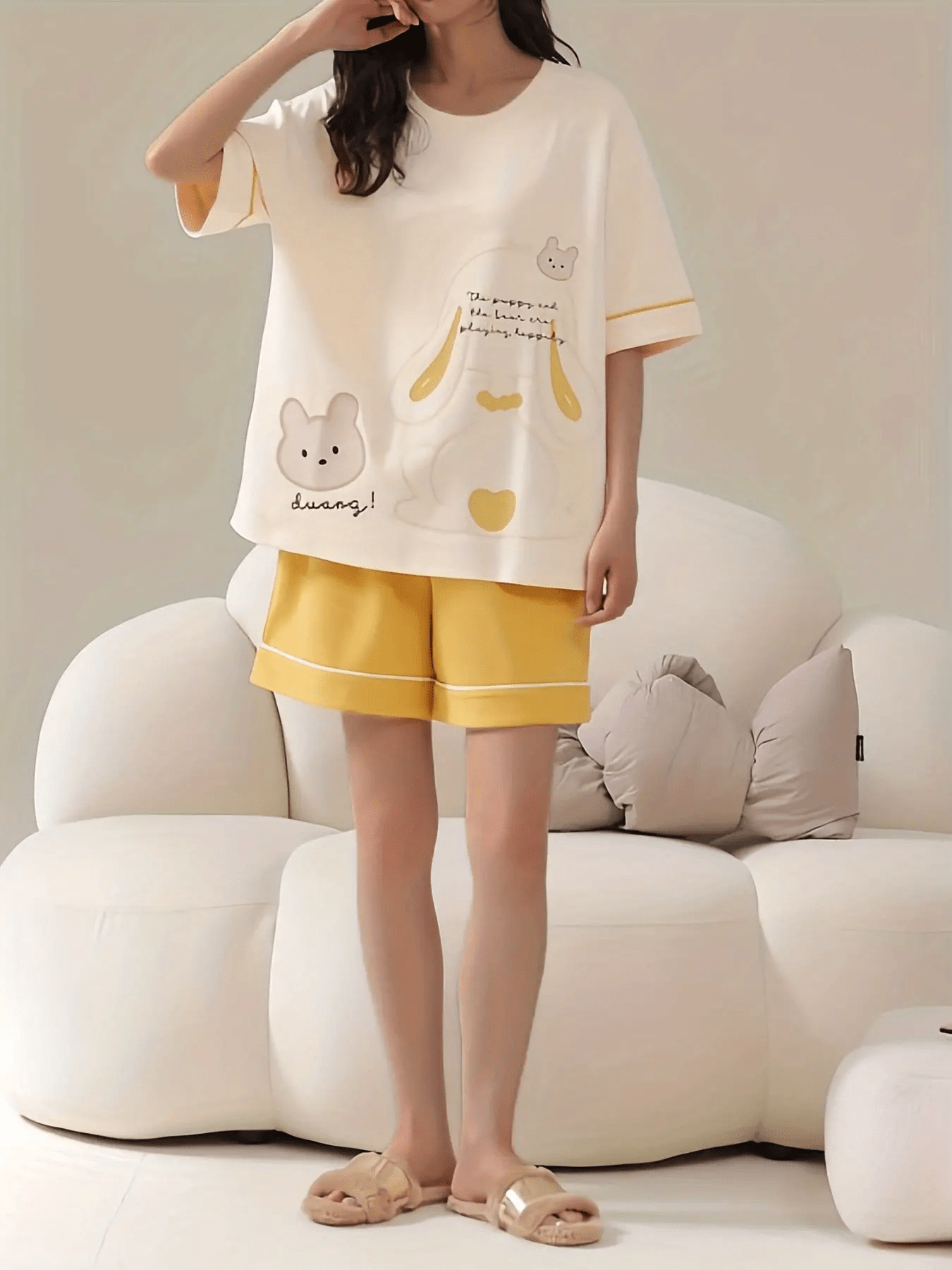 Bunny Print Pajamas Set Crew Neck Top And Shorts Pj Set Women's Sleepwear