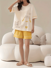 Bunny Print Pajamas Set Crew Neck Top And Shorts Pj Set Women's Sleepwear