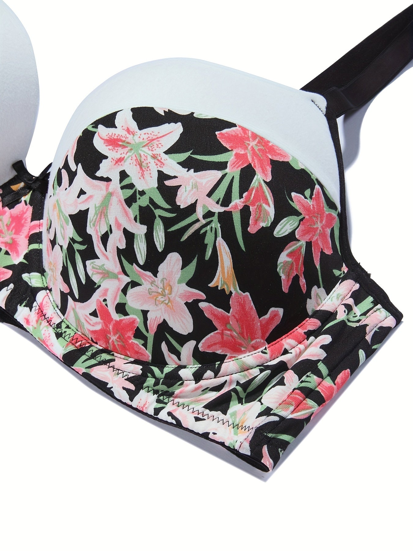 Colorblock Floral Print Molded Cup Underwire Bow Bra