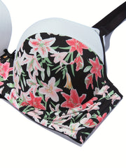 Colorblock Floral Print Molded Cup Underwire Bow Bra