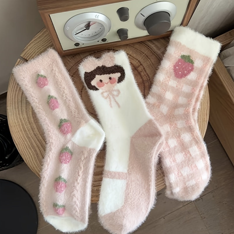 3 Pairs Strawberry Print Socks Women's Stockings