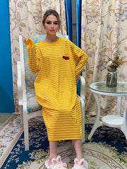 Cherry Print Lounge Dress Striped Home Dress Women's Loungewear