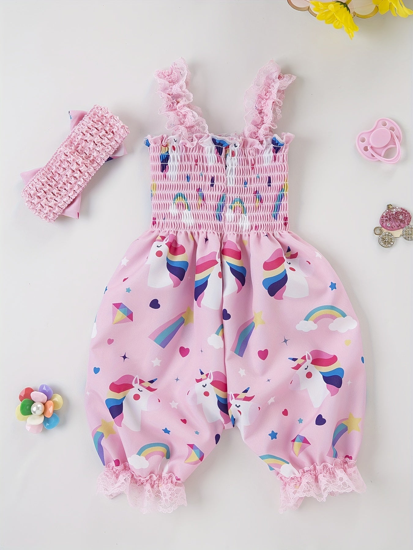 Baby Girls Romper Bloomers With Flower Print Lace Brim Bow Headband Set