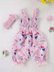 Baby Girls Romper Bloomers With Flower Print Lace Brim Bow Headband Set