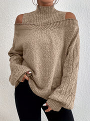 Cold Shoulder 2 In 1 Knit Sweater High Neck Long Sleeve Women's Clothing