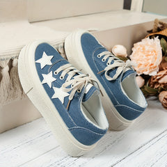 Women's Platform Canvas Shoes Star Pattern Lace Up Low Top Skate Shoes
