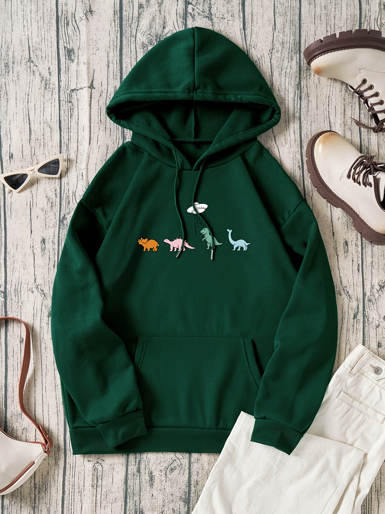 Cartoon Animal Print Casual Hooded Shirt with Kangaroo Pocket