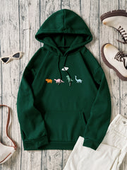 Cartoon Animal Print Casual Hooded Shirt with Kangaroo Pocket