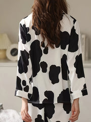 Cow Pattern Pajama Set Long Sleeve Top & Full Print Pants Women's Loungewear