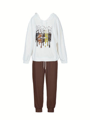Women's Plus Lip & Letter Print Hoodie & Joggers Set