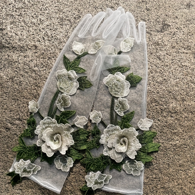 3D Floral Bridal Wedding Dress Gloves Ivory Mesh Flowers Holiday Accessory