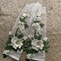 3D Floral Bridal Wedding Dress Gloves Ivory Mesh Flowers Holiday Accessory