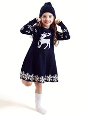 Christmas Deer Jacquard Knitted Dress Long Sleeve Sweater