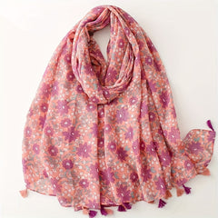 Pink Flower Print Tassel Scarf Boho Shawl Casual Hijab Head Wrap Women