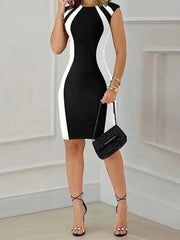 Colorblock Cap Sleeve Round Neck Slim Fit Dress