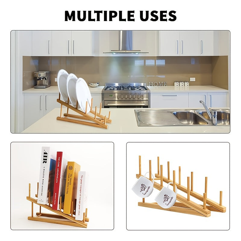 Wooden Dish Rack Bamboo Drying Stand Pot Lid Holder Kitchen Organizer