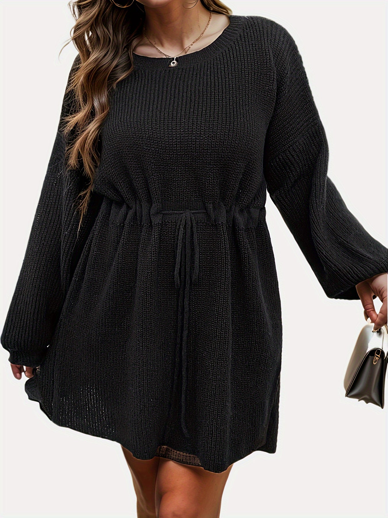 Casual Sweater Dress Women's Plus Solid Drawstring Lantern Sleeve