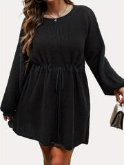 Casual Sweater Dress Women's Plus Solid Drawstring Lantern Sleeve