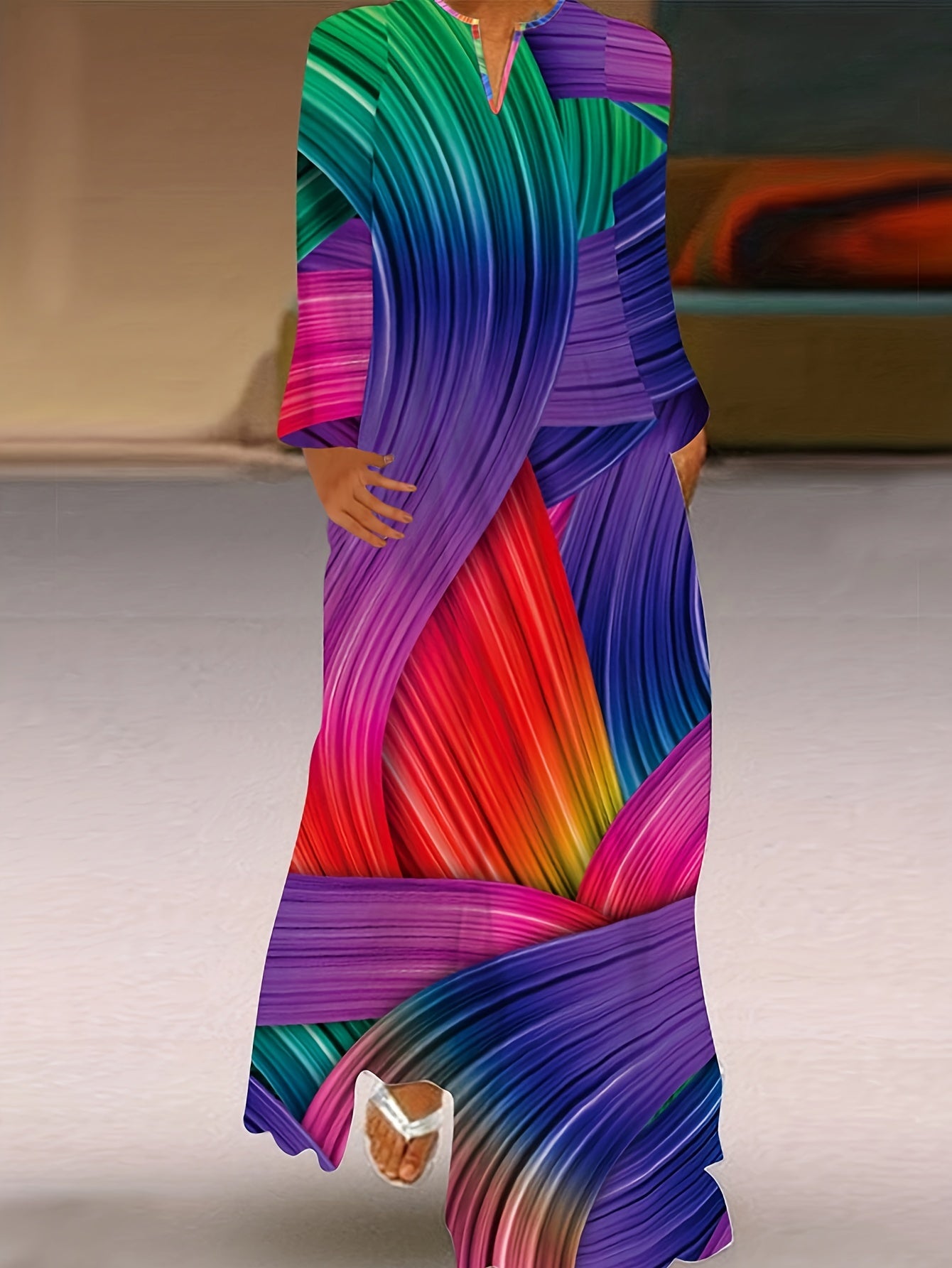 Striped Print Long Sleeve Maxi Dress