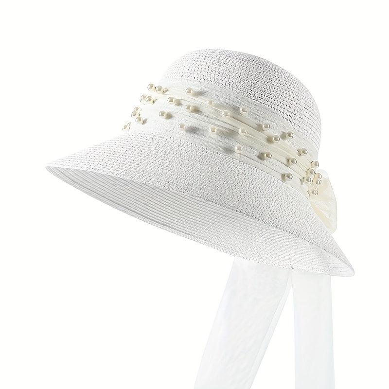 Summer Wide Brim Bucket Hat Faux Pearl Strap Sunscreen Straw Hats Fisherman Cap
