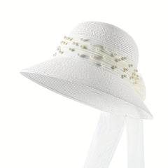 Summer Wide Brim Bucket Hat Faux Pearl Strap Sunscreen Straw Hats Fisherman Cap