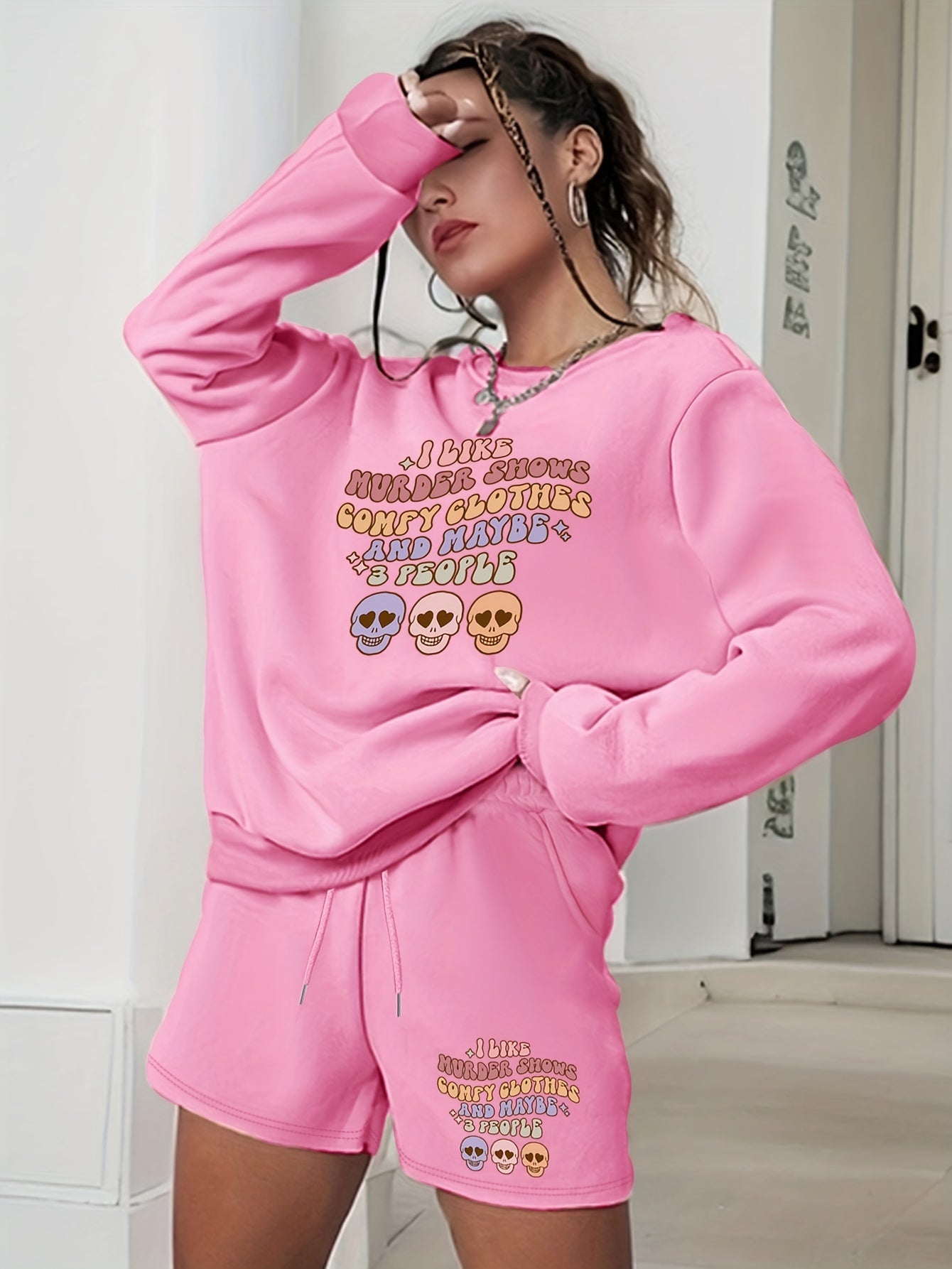 Women's Letter & Graphic Print 2pcs Set Sweatshirt & Shorts Outfit