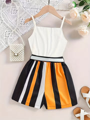 Girls Striped Self Belted Cami Romper Jumpsuits