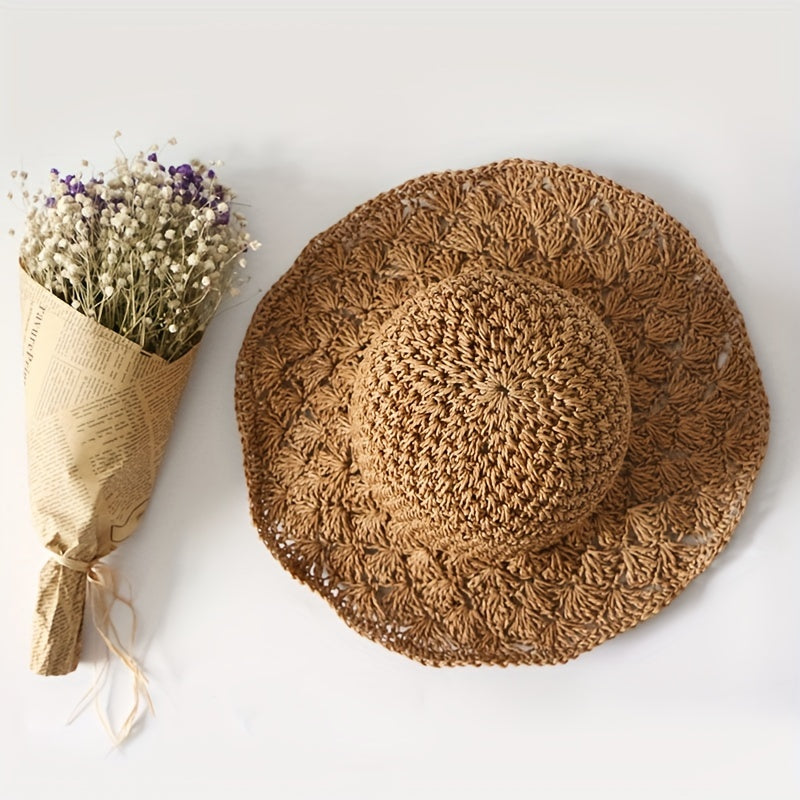 Wide Brim Crochet Sun Hat Hollow Breathable Straw Hat Women Travel Sunscreen