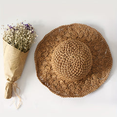 Wide Brim Crochet Sun Hat Hollow Breathable Straw Hat Women Travel Sunscreen