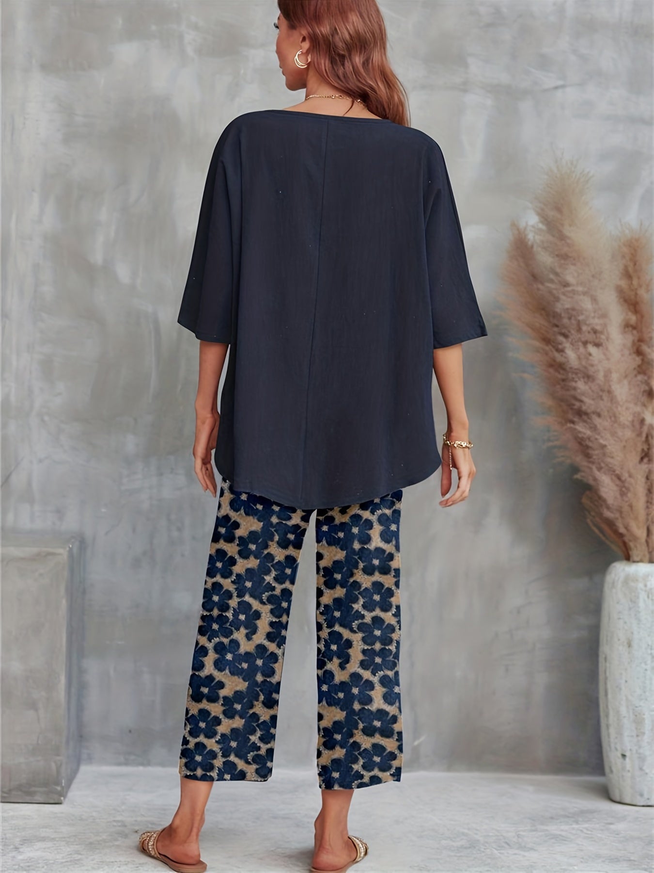 Casual 2pc Set Crew Neck T-shirt & Floral Wide Leg Pants