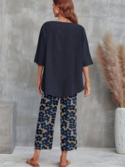 Casual 2pc Set Crew Neck T-shirt & Floral Wide Leg Pants