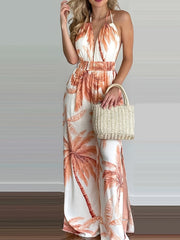 Boho Tropical Print Halter Neck Jumpsuit Backless Side Split